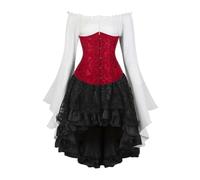 AIGOUT Vintage Court Brocade Corset Set Underbust Pirate Blouse Gothic Skirt - Bell Sleeve Bodice Halloween Costume (Wine Red, XXL)
