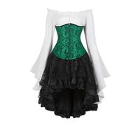 AIGOUT Vintage Court Brocade Corset Set Underbust Pirate Blouse Gothic Skirt - Bell Sleeve Bodice Halloween Costume (Black Green, XXL)