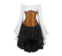 AIGOUT Vintage Court Brocade Corset Set Underbust Pirate Blouse Gothic Skirt - Bell Sleeve Bodice Halloween Costume (Ginger, XXL)