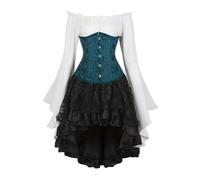 AIGOUT Vintage Court Brocade Corset Set Underbust Pirate Blouse Gothic Skirt - Bell Sleeve Bodice Halloween Costume (Dark Green, XXL)