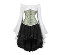 AIGOUT Vintage Court Brocade Corset Set Underbust Pirate Blouse Gothic Skirt - Bell Sleeve Bodice Halloween Costume (Green, XXL)