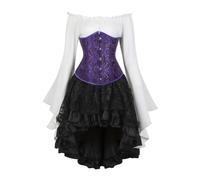 AIGOUT Vintage Court Brocade Corset Set Underbust Pirate Blouse Gothic Skirt - Bell Sleeve Bodice Halloween Costume (Black Purple, XXL)