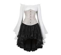 AIGOUT Vintage Court Brocade Corset Set Underbust Pirate Blouse Gothic Skirt - Bell Sleeve Bodice Halloween Costume (Beige, XXL)