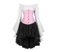 AIGOUT Vintage Court Brocade Corset Set Underbust Pirate Blouse Gothic Skirt - Bell Sleeve Bodice Halloween Costume (Pink, XXL)