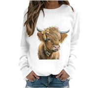 AIGOUT Women's Long Sleeve Tops Sales Clearance Highland Cow Sweatshirt O Neck Kawaii Cow Letter Print Casual Pullover Long Sleeve Teen Girls Basic Sweatshirt School Juniors for Ladies (White, L)