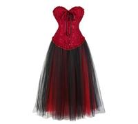 AIGOUT Women's Pirate Corset Bustier with Long Gothic Skirt - Halloween Gothic Dress, Corset Lace Long Dress for Carnival Cosplay (Wine Red, 4XL)