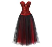 AIGOUT Women's Pirate Corset Bustier with Long Gothic Skirt - Halloween Gothic Dress, Corset Lace Long Dress for Carnival Cosplay (Dark red 1, L)
