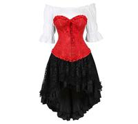 AIGOUT Women's Steampunk Corset Outfit - Vintage Satin Corset Blouse with Asymmetrical Skirt Ensemble, Steampunk Dress & Pleated-hem Bodysuit Dress Gothic Set (Red, L)