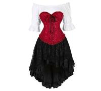 AIGOUT Women's Steampunk Corset Outfit - Vintage Satin Corset Blouse with Asymmetrical Skirt Ensemble, Steampunk Dress & Pleated-hem Bodysuit Dress Gothic Set (Wine Red, XL)