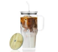 AiHeart 32 oz Glass Tumbler with Straw and Bamboo Lid, Large Capacity Glass Water Cup with Handle,Reusable Iced Coffee Cup with Silicone Coaster,Fits In Cup Holder (White)