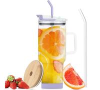 AiHeart 40oz Glass Tumbler with Straw and Lid,Glass Tumbler with Handle,Drinking Glasses with Silicone Coaster,Glass Water Cup,Smoothie Cup,Ice Coffee Cup,Fits In Cup Holder(Purple)