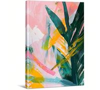 AIHNBF Abstract Tropical Botanical Canvas Print Wall Art for Living Room - Modern Vibrant Green Pink Yellow Foliage Artwork Home Decor