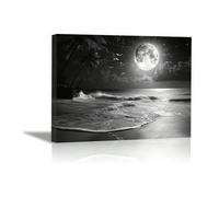 AIHNBF Black and White Beach Canvas Wall Art Full Moon Over Ocean Scene Palm Trees Landscape Print for Living Room Bedroom Coastal Home Decor, Poster 20 x 30 cm