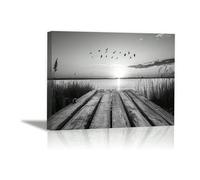 AIHNBF Black and White Lake Pier Sunset Canvas Wall Art Serene Nature Landscape Print Flying Birds Modern Rustic Home Decor for Living Room Bedroom, Poster 20 x 30 cm