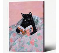 AIHNBF Black Cat Reading a Book Art Print Pink Floral Background Whimsical Animal Wall Decor Aesthetic Canvas Wall Art for Home Living Room Bedroom Study Library Office Decor Gift 80 x 120 cm