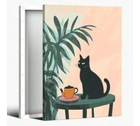 AIHNBF Black Cat Tea Time Wall Art Mid-Century Modern Canvas Print Minimalist Botanical Decor Cozy Home Aesthetic Artwork for Living Room Kitchen Bedroom Office Wall Decoration 40x60cm
