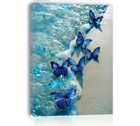 AIHNBF Blue Butterfly Ocean Waves Canvas Wall Art, Coastal Beach Scene Print, Serene Nature Decor for Living Room Bedroom Bathroom
