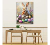 AIHNBF Charming Easter Bunny Eating Carrot Art, Spring Floral Easter Eggs Canvas Wall Decor, Whimsical Animal Print for Home