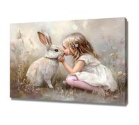 AIHNBF Charming Little Girl and Bunny Canvas Wall Art Print - Dreamy Impressionist Animal Kids Room Decor for Nursery Bedroom, Poster 50 x 75 cm