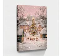 AIHNBF Christmas Tree Canvas Wall Art Winter Village Canvas Print Holiday | Festive holiday decor, pink snow town scene, cozy seasonal wall art 20x30cm