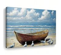 AIHNBF Coastal Beach Boat Wall Art Calm Seascape Canvas Print Serene Nautical Decor Rustic Ocean Landscape Painting for Living Room Bathroom Bedroom Office Wall Decorations 50x75 cm