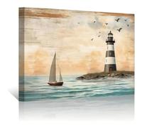 AIHNBF Coastal Lighthouse Wall Art Serene Seascape Canvas Painting Nautical Sailing Boat Decor Ocean Waves Print Soft Sunset Horizon Artwork for Living Room Bedroom Home Office 20x30cm