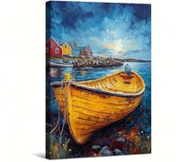 AIHNBF Coastal Village Yellow Boat Canvas Wall Art, Impressionist Seascape Harbor Scene Painting for Living Room Bedroom Office Decor