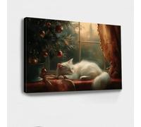 AIHNBF Cozy White Cat Canvas Wall Art Winter Holiday Window Decor Print | Festive feline scene, oil painting style, warm seasonal atmosphere, ready to hang canvas wall art 80x120cm