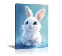 AIHNBF Cute Fluffy White Rabbit Canvas Wall Art, Blue Background Animal Decor, Sweet Bunny Print for Kids Room Bedroom, Poster 80 x 120 cm