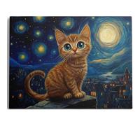 AIHNBF Cute Ginger Cat Starry Night Canvas Wall Art Whimsical Kitten Painting Impressionist Animal Print Bedroom Decor Aesthetic Surreal Landscape Artwork for Living Room 80x120cm