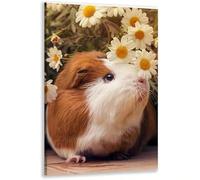 AIHNBF Cute Guinea Pig Canvas Wall Art Portrait Brown White Hamster Surrounded by Daisies Floral Botanical Prints Whimsical Animal Artwork for Nursery Living Room Decor 50x75cm