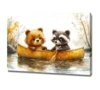 AIHNBF Cute Woodland Bear Raccoon Canoe Canvas Wall Art for Nursery Kids Room Decor - Animal Friends Adventure Print, Canvas 40 x 60 cm