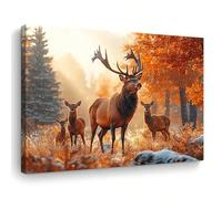 AIHNBF Deer Family in Autumn Forest Canvas Wall Art, Majestic Stag & Fawns Wildlife Nature Print, Rustic Woodland Animal Decor for Living Room