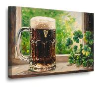 AIHNBF Guinness Beer Canvas Wall Art Print, St. Patrick's Day Lucky Four Leaf Clover Decor, Frothy Pint O' Stout for Irish Pub Home Bar Kitchen Living Room, Canvas 20 x 30 cm