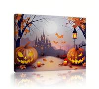 AIHNBF Halloween Night Canvas Print Haunted Castle Jack-O'-Lanterns Bats Full Moon Spooky Fall Decor Wall Art Festive Seasonal 30x45 cm