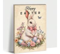 AIHNBF Happy Easter Bunny Canvas Wall Art, Festive Spring Floral Rabbit & Eggs Print for Home Holiday Decor, Pastel Watercolor Farmhouse Style