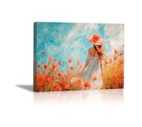AIHNBF Impressionist Poppy Field Canvas Wall Art Woman in Hat Landscape Painting Vibrant Floral Nature Print for Living Room Bedroom Decor, Canvas 20 x 30 cm