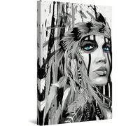 AIHNBF Indigenous Woman Portrait Canvas Wall Art Black White Feather Headdress Blue Eyes Modern Abstract Figure Decor for Living Room Bedroom, Canvas 20 x 30 cm