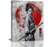 AIHNBF Japanese Samurai Woman Canvas Wall Art Red Sun Ink Wash Painting Poster Modern Zen Home Decor Aesthetic Warrior Geisha Print for Living Room Office Bedroom Wall Decoration 60 x 90 cm