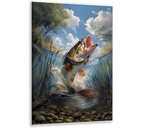 AIHNBF Large Mouth Bass Fishing Wall Art Jumping Fish Canvas Print Nature Decor for Living Room Rustic Cabin Lake House Wildlife Adventure Artwork for Fisherman Office Wall Decor 50x75cm
