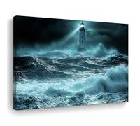 AIHNBF Lighthouse Canvas Wall Art Stormy Ocean Waves Seascape Print, Moody Nautical Decor Coastal Blue Grey Landscape Art for Living Room Bedroom Office