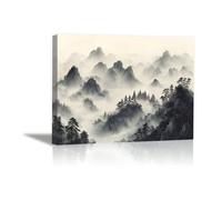 AIHNBF Misty Mountain Canvas Wall Art Asian Landscape Black White Zen Nature Decor for Living Room Bedroom Home Office, Canvas 60 x 90 cm