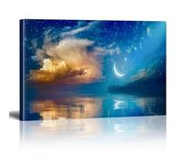AIHNBF Moon and Stars Landscape Canvas Wall Art Surreal Night Sky with Golden Clouds and Ocean Reflection Dreamy Nature Scene for Living Room Bedroom Home Office Decor 20x30 cm