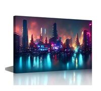 AIHNBF Neon City Skyline Canvas Wall Art Cyberpunk Urban Landscape Night View Glowing Skyscrapers Contemporary Mural Decor for Modern Living Room Home Office Bedroom Decoration 50x75cm