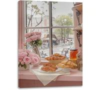 AIHNBF Parisian Croissant Window Scene Canvas Wall Art, Pink Rose Floral French Cafe Bakery Kitchen Decor Print, Romantic Shabby Chic Aesthetic Home, Canvas 30 x 45 cm
