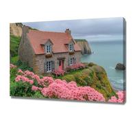 AIHNBF Picturesque Coastal Stone Cottage Canvas Wall Art with Pink Flowers - Charming Idyllic Landscape Home Decor, Poster 60 x 90 cm