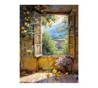 AIHNBF Rustic Window View Canvas Wall Art with Blooming Yellow Roses, Impressionist Landscape Scenery for Living Room & Bedroom Home Decor, Canvas 80 x 120 cm