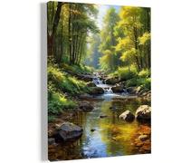AIHNBF Serene Forest Stream Canvas Wall Art - Nature Landscape Print for Living Room, Tranquil Woodland River Decor, Vertical