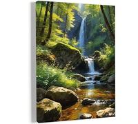 AIHNBF Serene Waterfall Forest Landscape Canvas Wall Art Print - Green Nature Scene Vertical Artwork for Living Room Bedroom Home Office Decor
