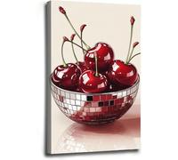 AIHNBF Shiny Disco Ball Cherry Bowl Wall Art Modern Pop Kitchen Decor Surrealist Fruit Print Vibrant Red Food Canvas Painting for Dining Room Gallery Wall Aesthetic Contemporary Home 20 x 30 cm